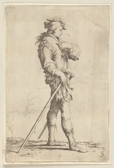 Soldat im Profil mit Schwert und Stock, nach rechts gewandt von Salvator Rosa
