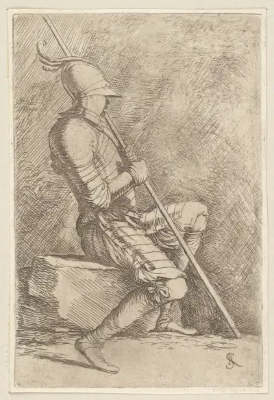 Sitzender Soldat mit Helm und Stock von Salvator Rosa