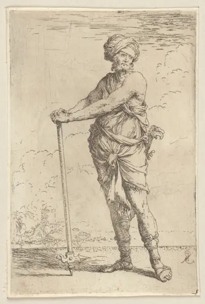 Stehender Soldat mit einer Pike in beiden Händen von Salvator Rosa