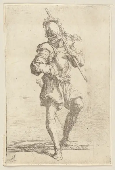 Stehender Soldat, den Blick auf den Boden gerichtet von Salvator Rosa
