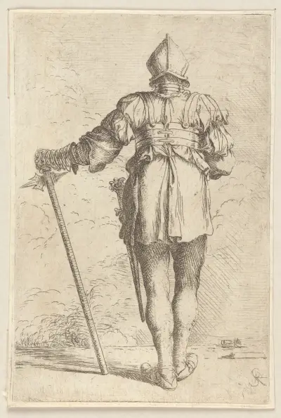 Stehender Soldat, von hinten gesehen, mit Helm und Stock von Salvator Rosa