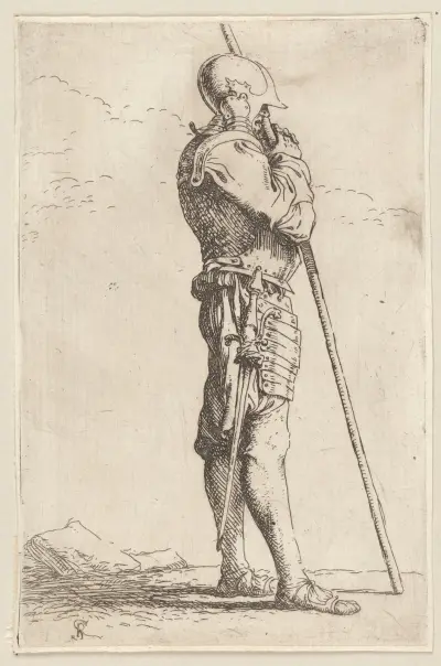 Soldat, auf einen langen Stock gestützt, nach rechts gewandt von Salvator Rosa