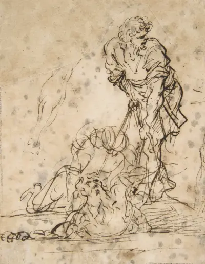 Studien zu einer Figur, die mit Seilen aus einem Grab oder einer Grube gehoben wird von Salvator Rosa
