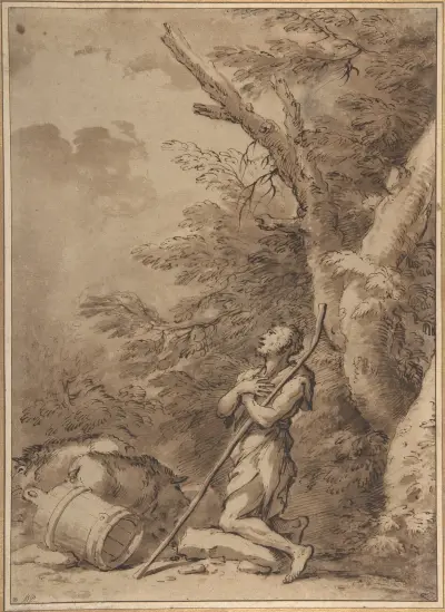 Der verlorene Sohn reuevoll kniend unter Schweinen von Salvator Rosa