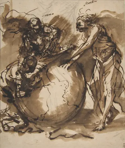 Drei Figuren um eine Erdkugel von Salvator Rosa