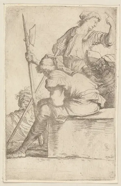 Drei Soldaten, einer auf einem viereckigen Steinblock sitzend 2 von Salvator Rosa