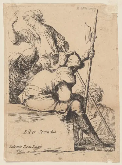 Drei Soldaten, einer auf einem quadratischen Steinblock sitzend von Salvator Rosa