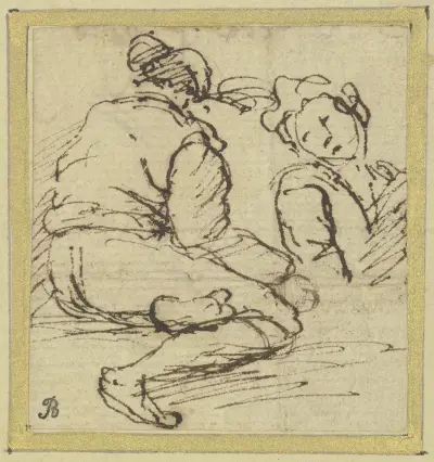 Zwei Figuren; links ein von hinten gesehener sitzender Mann, rechts eine Halbfigur von Salvator Rosa