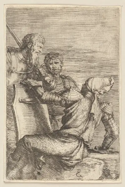 Zwei Soldaten vor einem Dritten, der einen Schild hält von Salvator Rosa