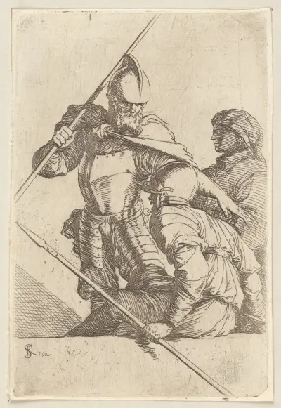 Zwei Soldaten, einer mit Helm und Bart von Salvator Rosa