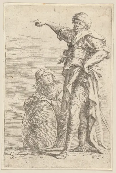 Zwei Soldaten, der eine nach links zeigend, der untere einen Schild haltend von Salvator Rosa