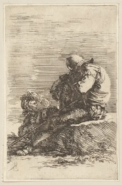Zwei Soldaten, einer auf einem Absatz sitzend mit einem Stock von Salvator Rosa
