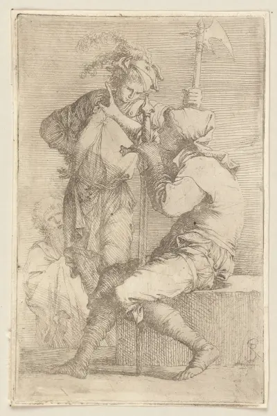 Zwei Soldaten, einer auf einem quadratischen Stein sitzend von Salvator Rosa