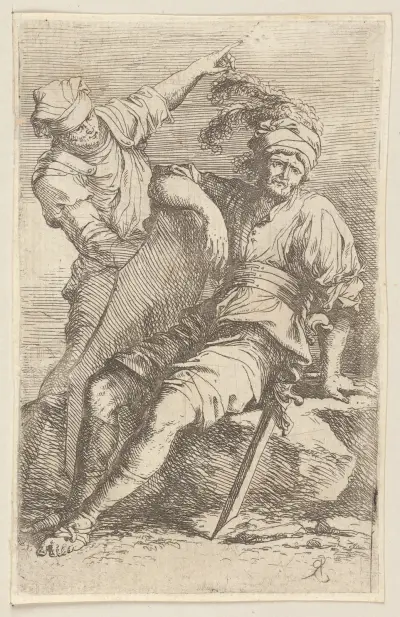 Zwei Soldaten, einer sitzend mit Schwert und Schild von Salvator Rosa