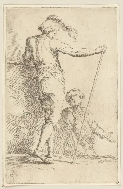 Zwei Soldaten, einer von hinten gesehen mit einem Stock in der rechten Hand von Salvator Rosa