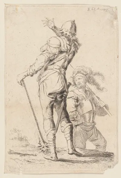 Zwei Soldaten, einer von hinten gesehen, mit einer Keule von Salvator Rosa