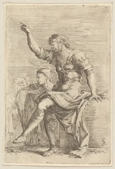 Zwei Soldaten, einer mit erhobener Hand nach links zeigend von Salvator Rosa