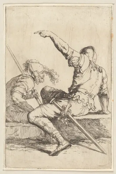 Zwei auf einem rechteckigen Stein sitzende Soldaten von Salvator Rosa