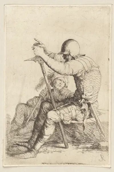 Zwei sitzende Soldaten, der eine auf einem Stein, der andere auf dem Boden von Salvator Rosa