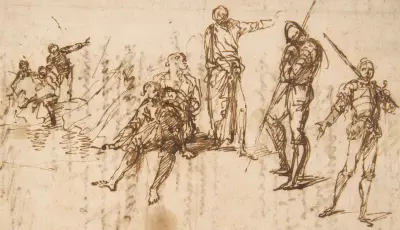 Zwei stehende Soldaten und sechs weitere Figuren von Salvator Rosa
