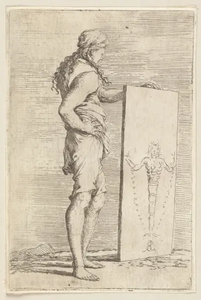 Ung man betraktar en tavla av Salvator Rosa