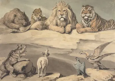 Ett vildsvin, en leopard, ett lejon, en tiger, en varg, en bagge och två örnar av Samuel Howitt