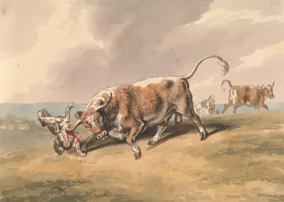 En tjur som anfaller en hund av Samuel Howitt