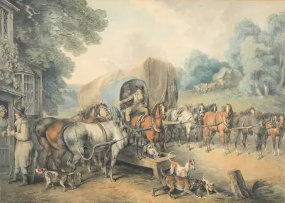 A stagecoach halting at a country inn, Samuel Howitt
