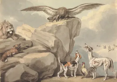 An Eagle Perched on a Rock; Lion, Fox, Two Hounds and a Rooster, Samuel Howitt