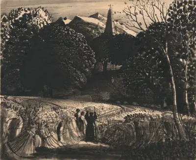 Cornfield and Church by Moonlight av Samuel Palmer