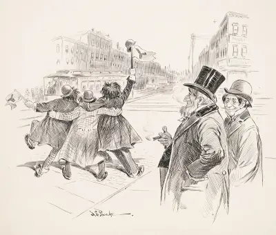 Three drunken Yalies wave down the street as elder man and grinning young man look on. av John Samuel Pughe