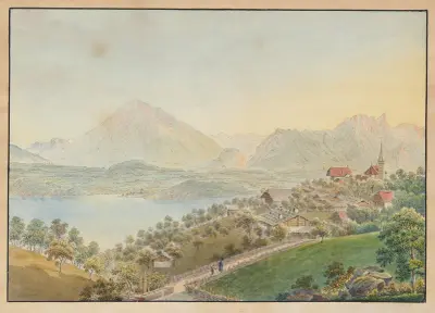 Ansicht von Sigriswil mit Niesen und Thunersee av Jakob Samuel Weibel