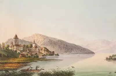 Vûe du Chateau de Spiez au Lac de Thoune av Jakob Samuel Weibel
