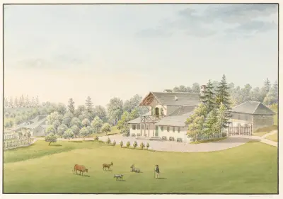 Vy över det nya châlet i Vernand av Jakob Samuel Weibel
