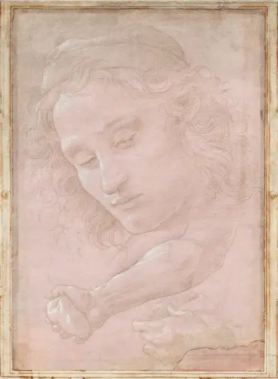 Head of a Youth Wearing a Cap; a Right Forearm with the Hand Clutching a Stone; and a Left Hand Holding a Drapery av Sandro Botticelli