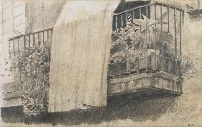 Balkon mit Blumen und Vorhang von Santiago Rusiñol