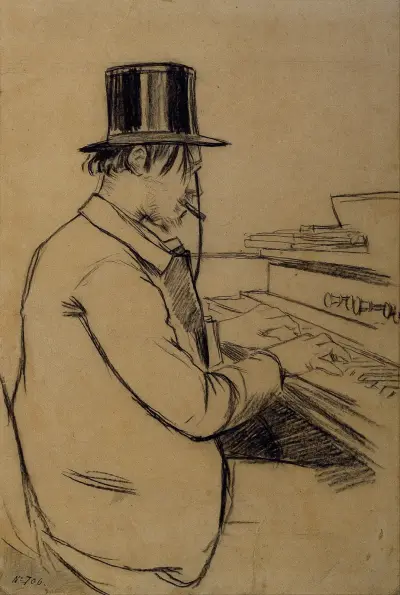 Porträt von Erik Satie am Harmonium von Santiago Rusiñol