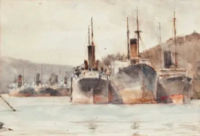 Ships Moored Near King Harry Ferry, On The River Fal av Henry Scott Tuke