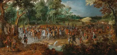 A procession of soldiers on horseback at the entrance of a forest av Sebastian Vrancx