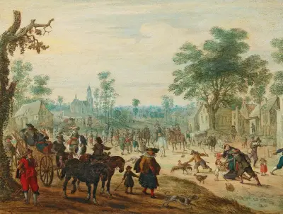 A village with numerous figures on a road av Sebastian Vrancx