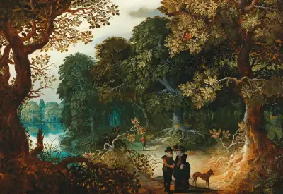 A wooded landscape with an amorous couple av Sebastian Vrancx