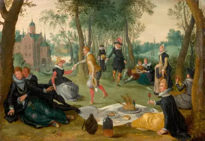 Elegant company having lunch in a landscape av Sebastian Vrancx