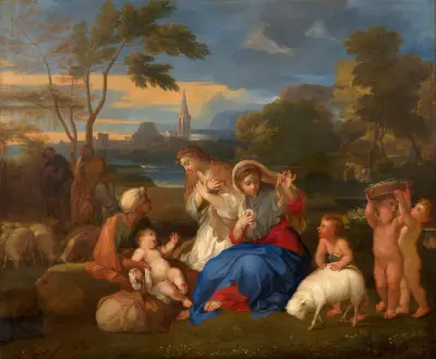 Le Repos de la Sainte Famille avec sainte Catherine av Sébastien Bourdon