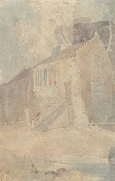 En gammal byggnad med burspråk, ombyggd till lada av John Sell Cotman