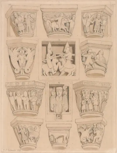 Kapitäl och A & B-reliefer i klosterkyrkan Saint-Georges de Bocherville, nära Rouen, Normandie av John Sell Cotman