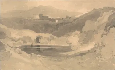 Slott i landskap av John Sell Cotman