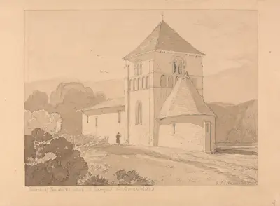 Kyrkan i Yainville, nära Saint-Georges-de-Bocherville, Normandie av John Sell Cotman