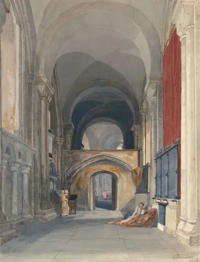 Norwich Cathedral; Interiör av norra sidoskeppet i koret, mot öster av John Sell Cotman