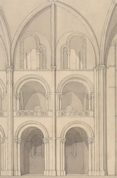 Perspektivní pohled na část opatského kostela svatého Štěpána v Caen v Normandii, John Sell Cotman