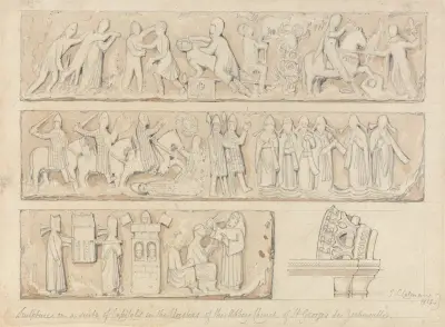 Skulptur på ett kapitälband i klostergången i abbedisskyrkan Saint-Georges de Bocherville, nära Rouen, Normandie av John Sell Cotman